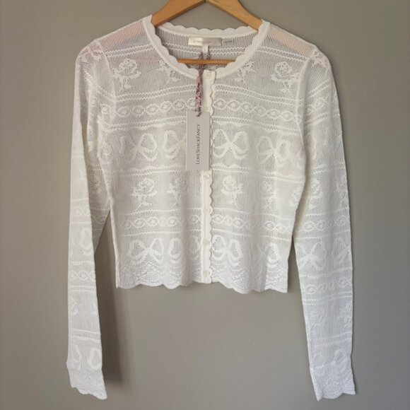 NWT Loveshackfancy Gretta Pointelle Knit Bow Cardigan Ivory White | S - Picture 7 of 13